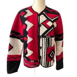 Coldwater Creek Mixed Fabric Crochet Geometric Wool Jacket Toggle Medium
